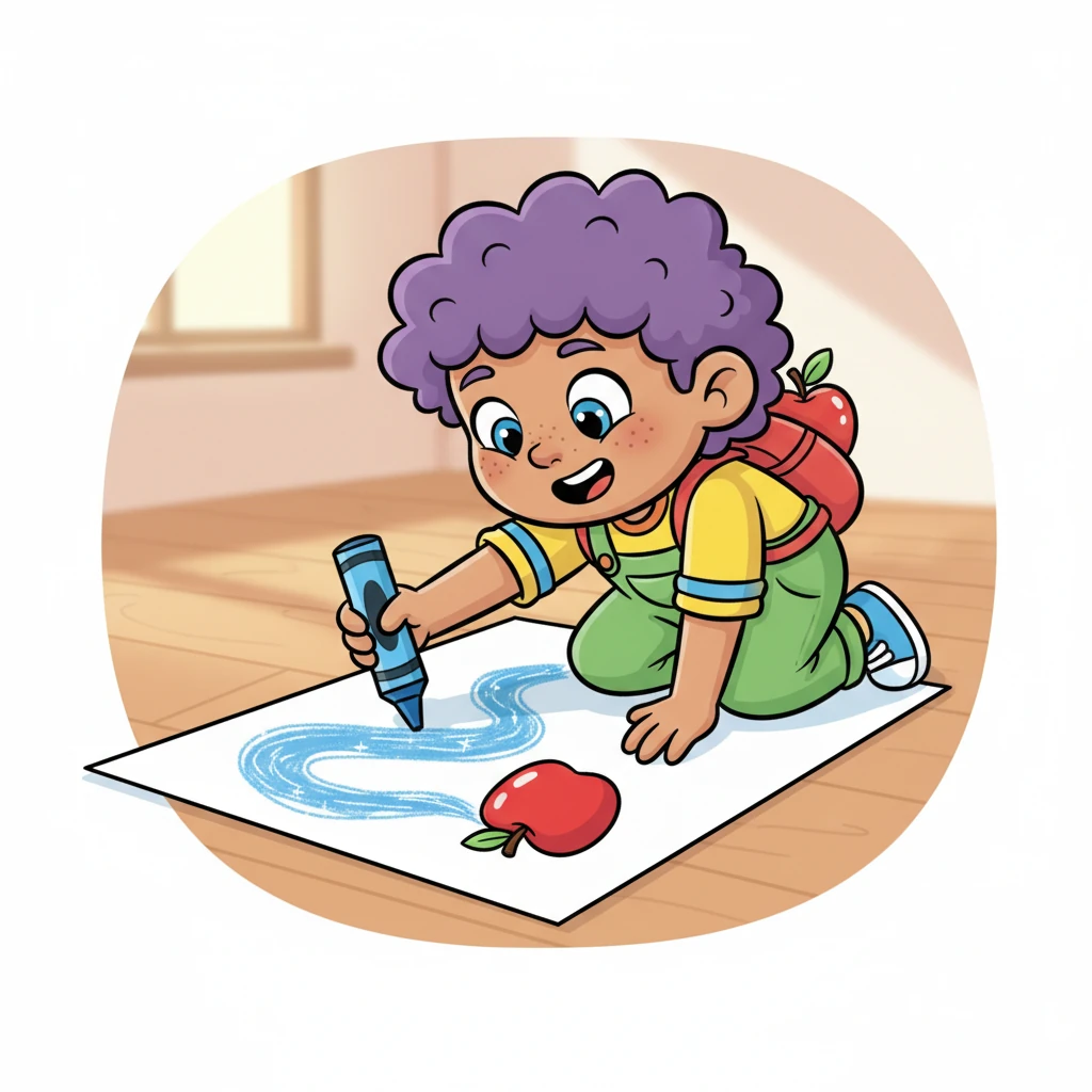 Inspired, Sprunki picked up a blue crayon and carefully drew wavy, flowing lines across the page, creating a sparkling blue river. It wound its way gracefully next to the shiny red apple, adding another wonderful element to the growing picture. Sprunki felt a surge of creativity.