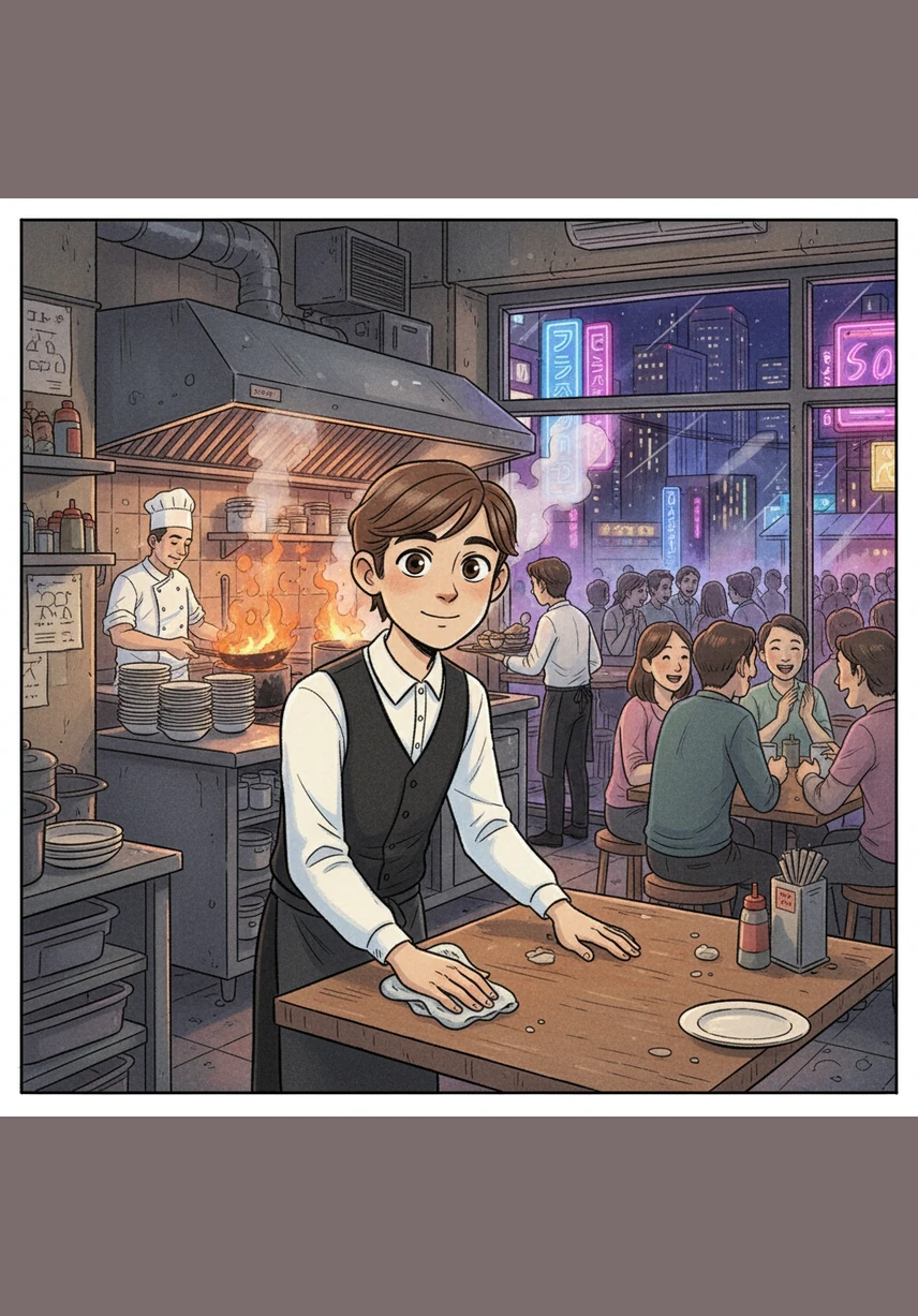 In the heart of a bustling city glowing with neon lights, young Ayaan worked tirelessly in a cramped, noisy restaurant. While he wiped down sticky tables and served steaming plates, his eyes were always wide with curiosity, soaking in every detail of the busy kitchen.