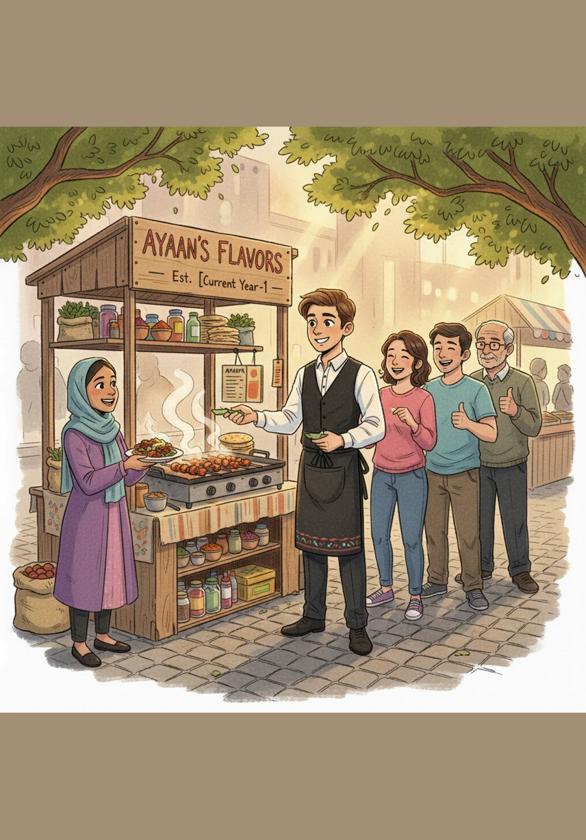 Slowly, the three tables were always full, and a long line of eager people began to snake down the sidewalk every evening. The tiny stall buzzed with laughter and the clinking of cutlery, as Ayaan’s dream finally began to take root and grow.