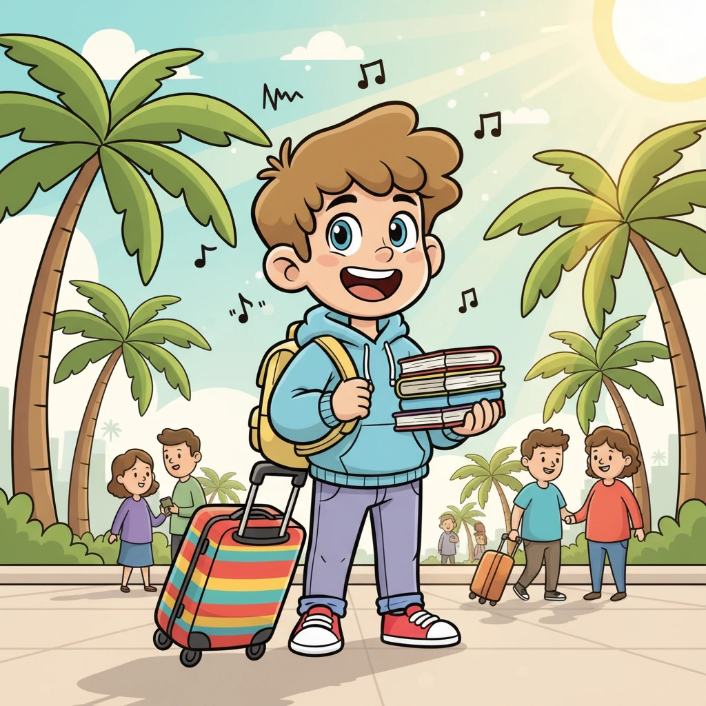 Valerio, les yeux brillants d'excitation et un peu de nervosité, débarque à Rio de Janeiro, sa valise colorée à la main. Le soleil brésilien l'accueille avec une chaleur éclatante, et il est émerveillé par les palmiers géants et les bruits joyeux de la ville. Il tient fermement ses livres de médecine, prêt pour sa nouvelle vie d'étudiant.