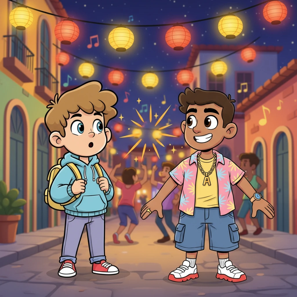 Un soir, Valerio se perd dans les ruelles animées d'un quartier vibrant, attiré par la musique samba et les rires. Au détour d'une ruelle éclairée par des lanternes, il tombe nez à nez avec Alessio, qui affiche un sourire charmeur et un regard intense. Leurs regards se croisent et une étincelle inattendue jaillit entre eux.