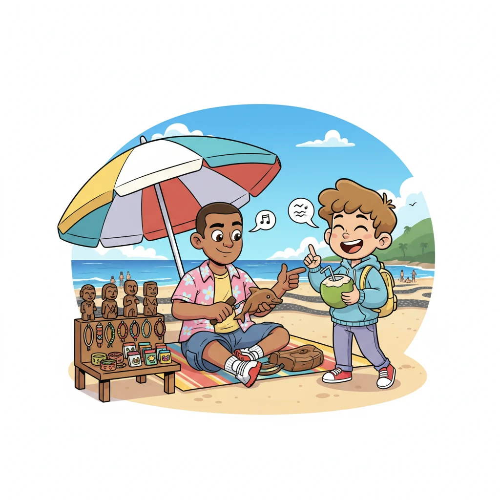 Le lendemain, Valerio retrouve Alessio par hasard près de la plage de Copacabana, où Alessio vend de l'artisanat local, ses mains habiles créant de petits souvenirs. Ils partagent une noix de coco fraîche, riant des blagues d'Alessio et des tentatives maladroites de Valerio de parler portugais. Une connexion légère et joyeuse commence à se tisser.