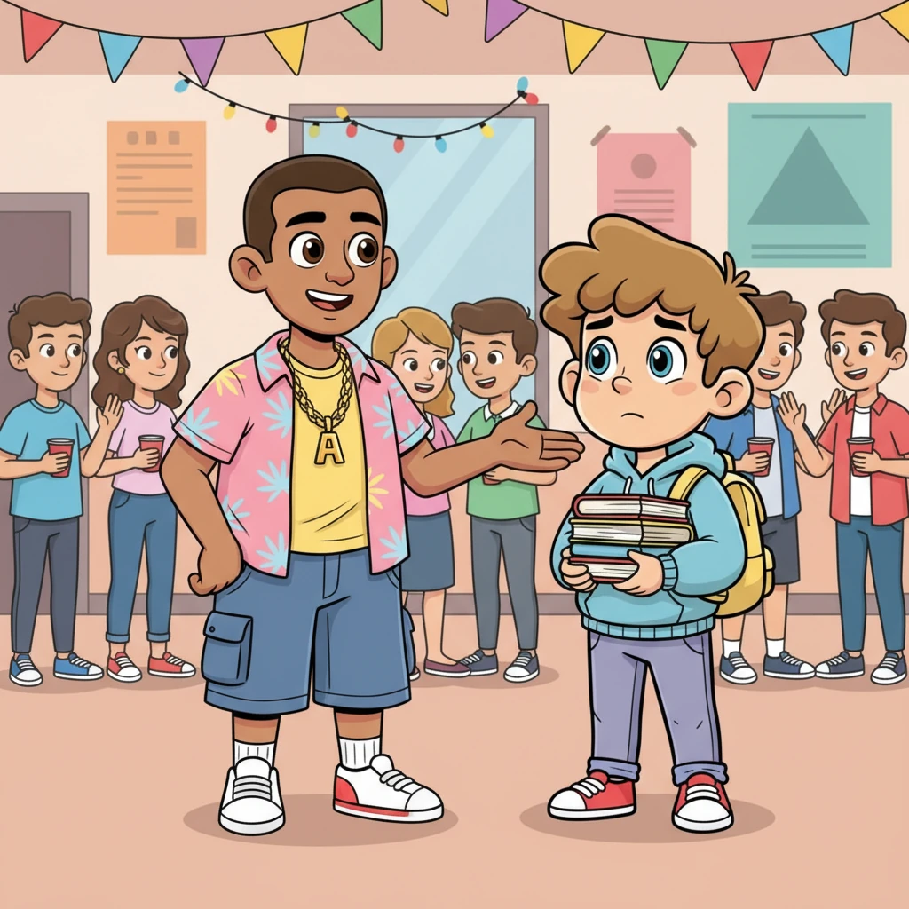 Valerio invite Alessio à une soirée étudiante à l'université, espérant lui faire découvrir son monde. Alessio, bien que visiblement mal à l'aise dans cet environnement académique, fait un effort pour Valerio, ses vêtements simples contrastant avec les tenues plus sophistiquées des étudiants. Il sourit, mais son regard trahit une certaine tension.