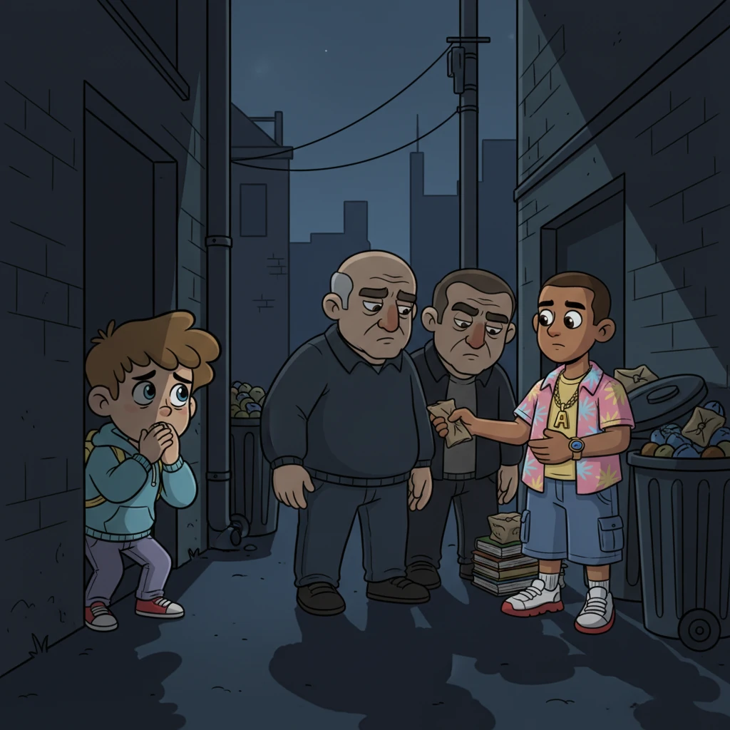 Un soir, Valerio se rend dans le quartier d'Alessio pour le surprendre. Il aperçoit Alessio dans une ruelle sombre, discutant avec des hommes à l'air menaçant, des paquets mystérieux échangés discrètement. Le cœur de Valerio se serre, la réalité de la situation d'Alessio le frappant avec une froide brutalité. Il se cache, le souffle coupé.