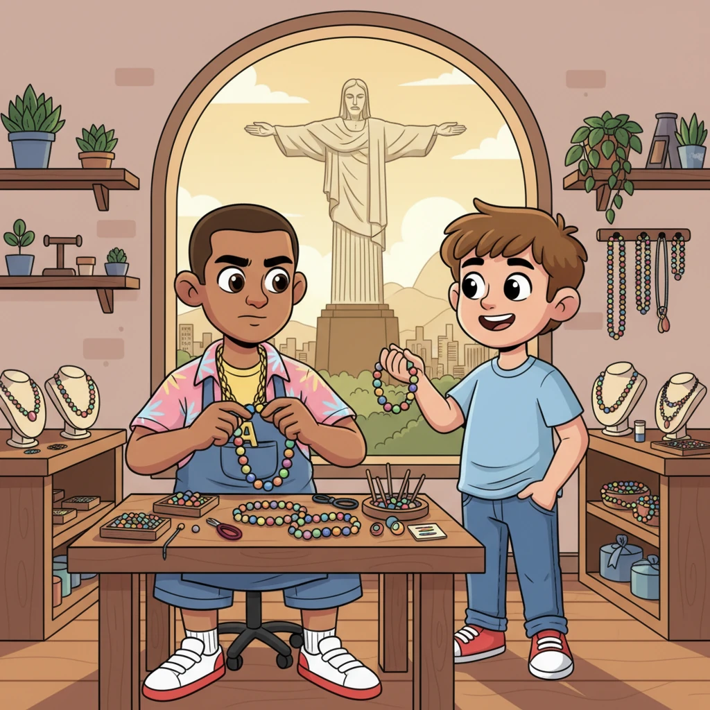 Quelques mois plus tard, Alessio travaille dur dans un petit atelier d'artisanat, ses mains fabriquant des bijoux colorés avec passion. Valerio, ayant terminé ses études, le rejoint souvent, l'aidant à vendre ses créations. Leur amour a fleuri, construit sur la confiance et un avenir prometteur, sous le regard bienveillant du Christ Rédempteur.