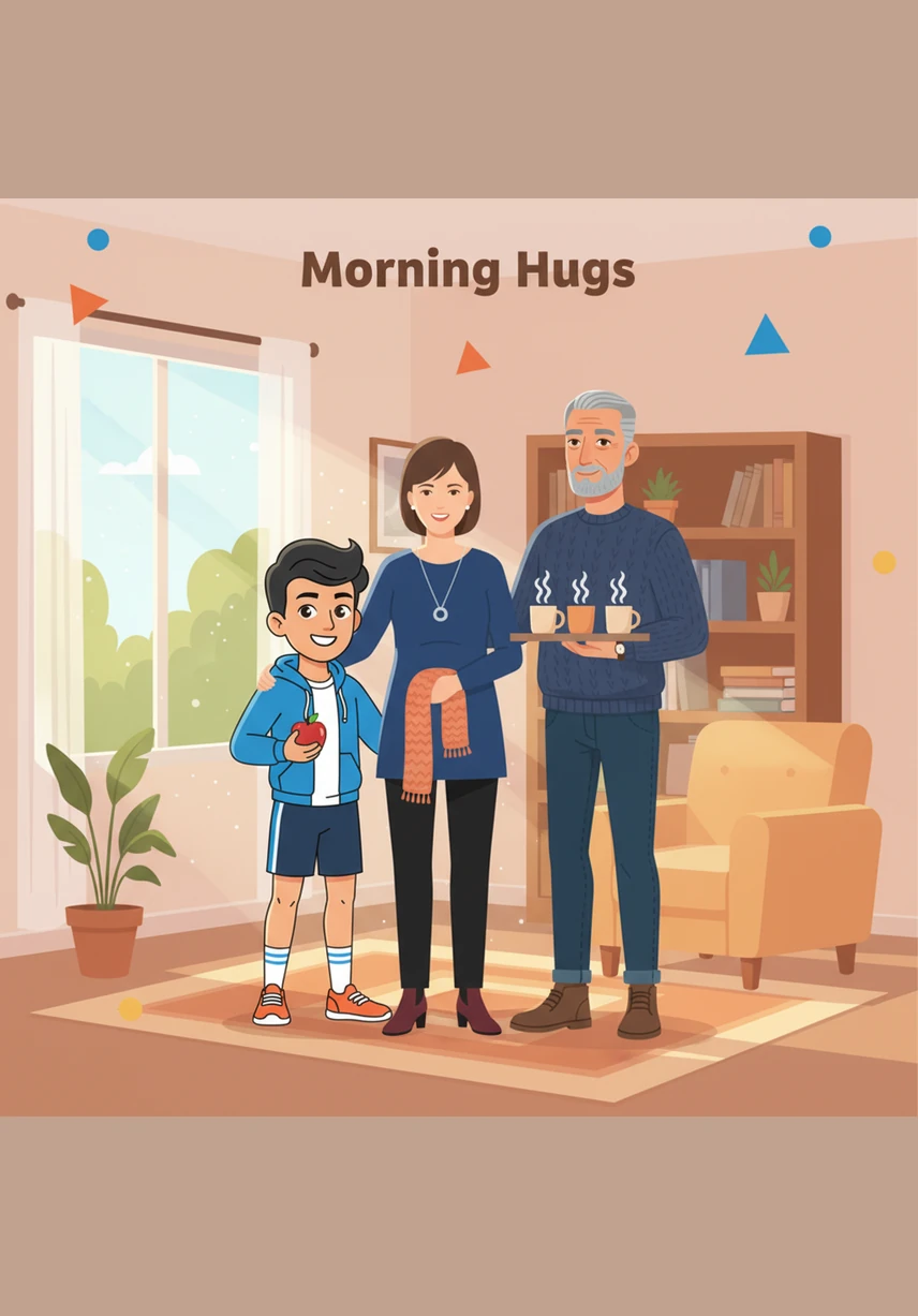 Back at home, Ali enjoys a colorful breakfast of fresh fruit, warm bread, and a perfectly cooked egg. While his father sips on hot tea, Ali chooses a tall glass of cool water to keep his body hydrated and healthy.