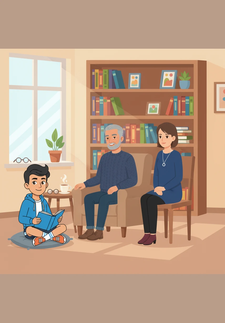 During his break, Ali finds a quiet corner in the school library to write detailed notes about nutritious foods. He is curious to learn how different vegetables and vitamins help him grow stronger every day.