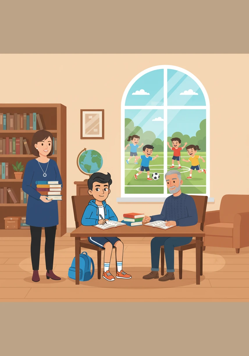 Through the library window, Ali can see his friends laughing and playing a lively game of football on the green field. Although he loves sports, he stays focused on his homework, knowing that his studies are just as important as play.