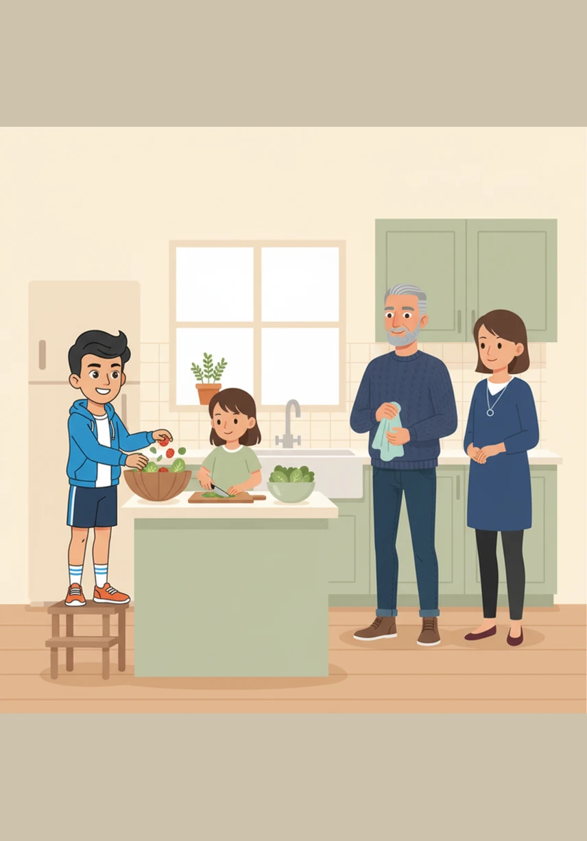 Nearby, his sister carefully washes and cuts crisp greens for a fresh garden salad. The siblings work together happily, learning that preparing a nutritious meal is just as fun as eating it.