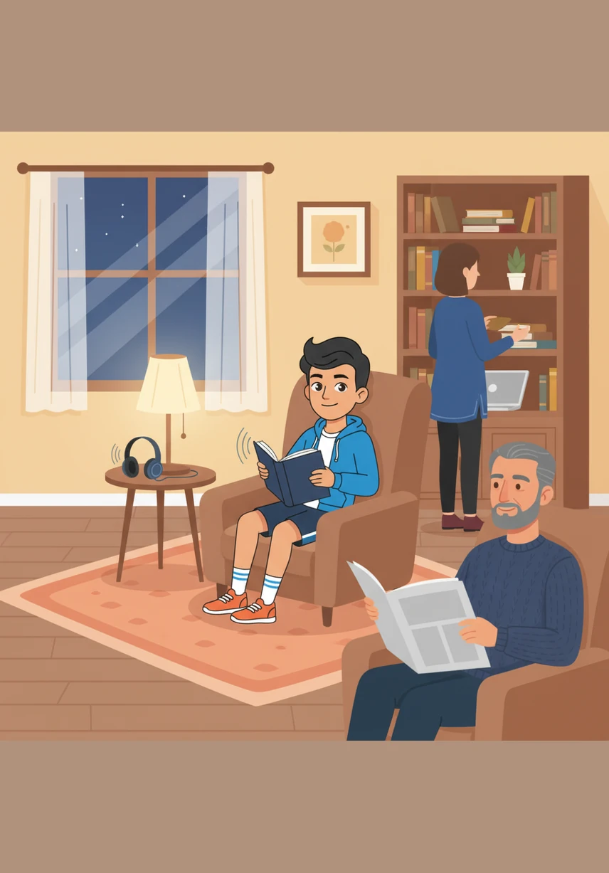 As the evening settles in, Ali relaxes in his room by reading a fascinating book and listening to soft, calming music. This quiet time helps him unwind and relax his mind after a busy day of learning and helping.