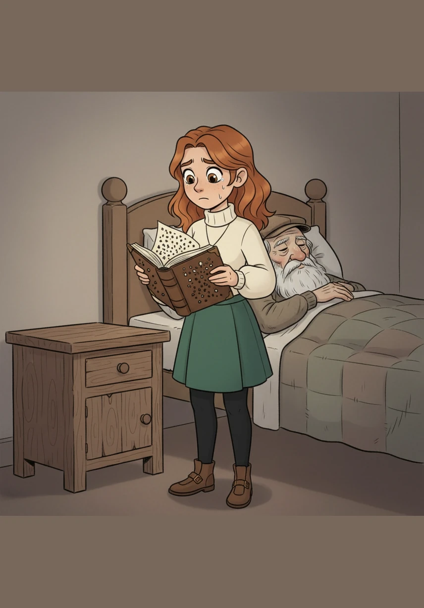 Trembling, Maya picks up the leather journal from his bedside table and flips through the pages, expecting to find letters or photos. Instead, her eyes fill with tears of confusion as she sees only thousands of tiny, jagged pinpricks scattered across the paper.