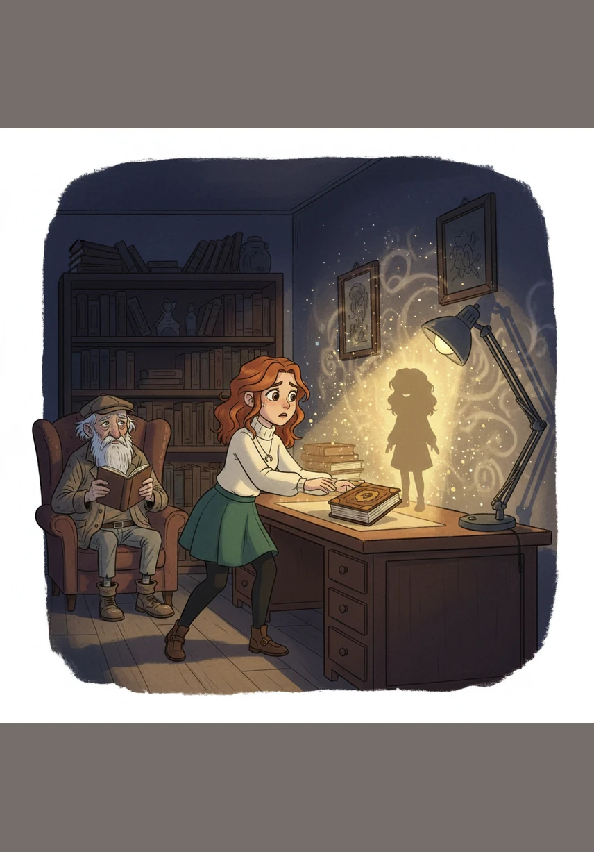 In a fit of grief, she tosses the book onto the desk, where it falls open directly under the beam of a bright reading lamp. Suddenly, the wall erupts into a breathtaking display of light and shadow, forming a perfect silhouette of Maya as a young child.