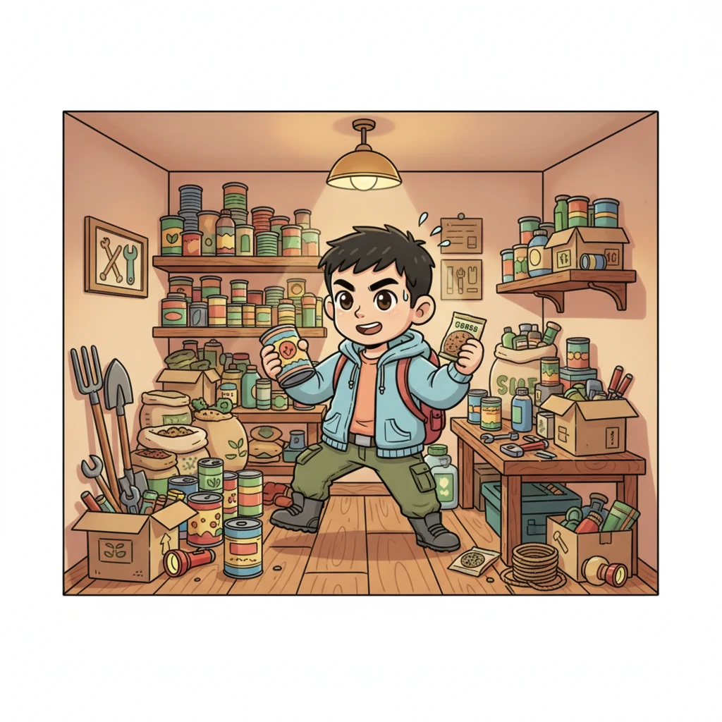 从那天起，林轩就像一个忙碌的小蜜蜂，四处奔波。他偷偷地购买各种罐头食品、工具和种子，把家里的储藏室塞得满满当当。小小的房间里，堆满了各种形状奇特的物资，仿佛一个秘密的宝藏洞穴，等待着末日的挑战。