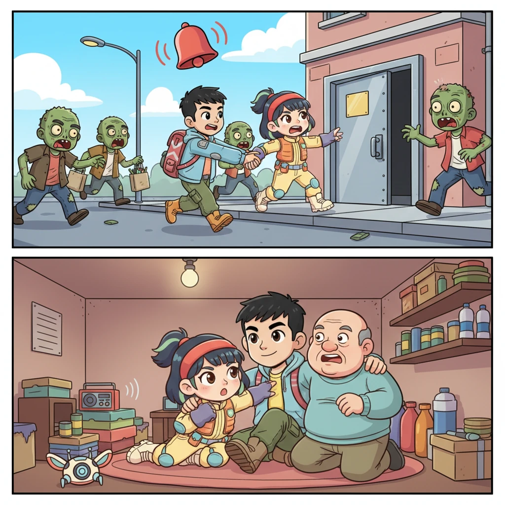 终于，警报声刺破了宁静的早晨，街上的人们惊慌失措。林轩迅速拉着家人，冲进他早已准备好的地下室。外面，笨拙的丧尸在街头摇摇晃晃，而地下室里，一家人紧紧依偎在一起，心中的恐惧被林轩的坚定稍稍驱散。