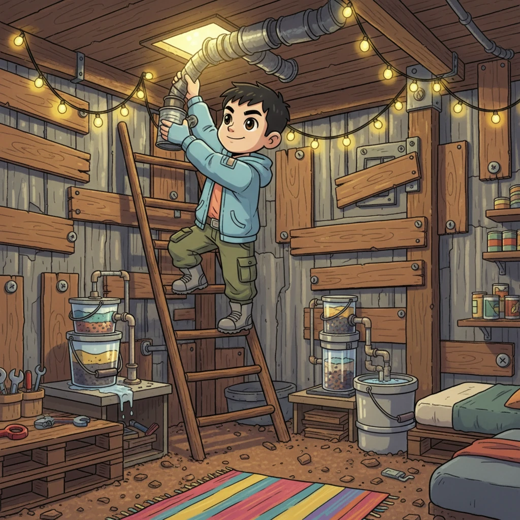 靠着前世的记忆，林轩开始改造地下室。他用废弃的木板和金属加固墙壁，安装了简易的通风系统和净水装置。地下室渐渐变成了一个舒适又安全的迷你堡垒，里面灯火通明，充满了小小的希望。