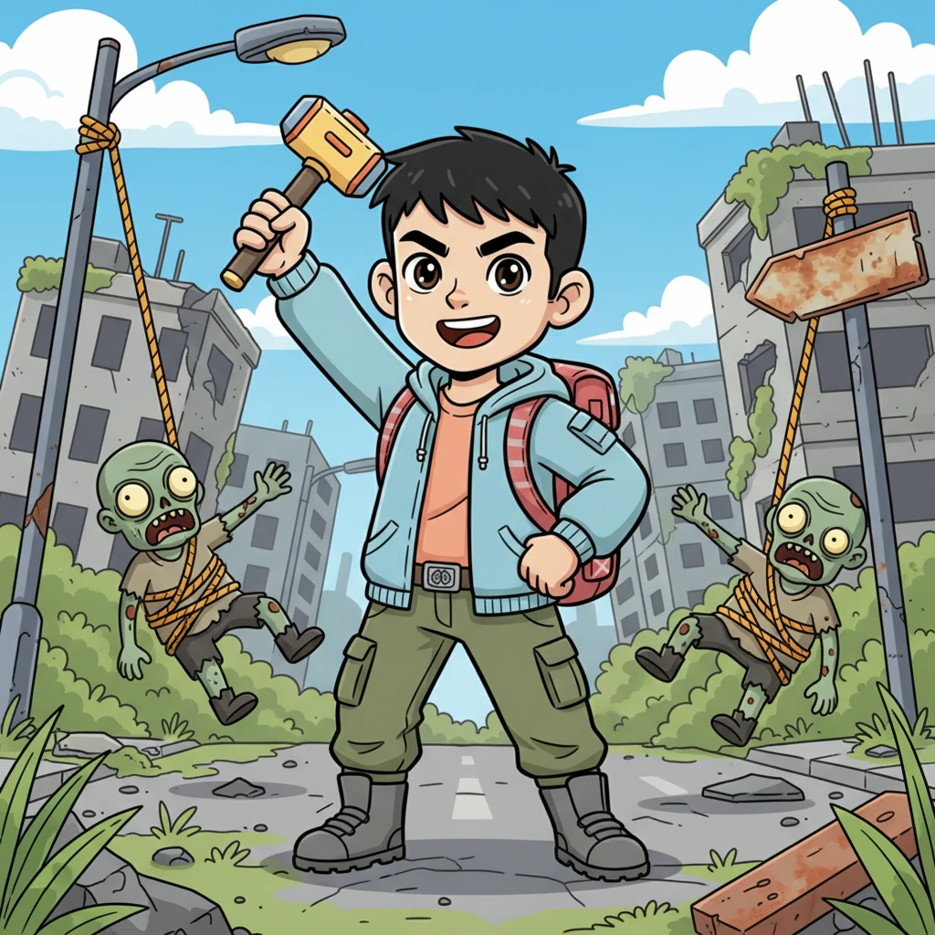 第一次走出避难所，林轩的心砰砰直跳。他小心翼翼地穿梭在废弃的街道上，突然，两只摇摇晃晃的丧尸出现在前方。林轩沉着冷静，利用提前设置的绳索陷阱，轻松将它们制服，脸上露出了胜利的笑容。