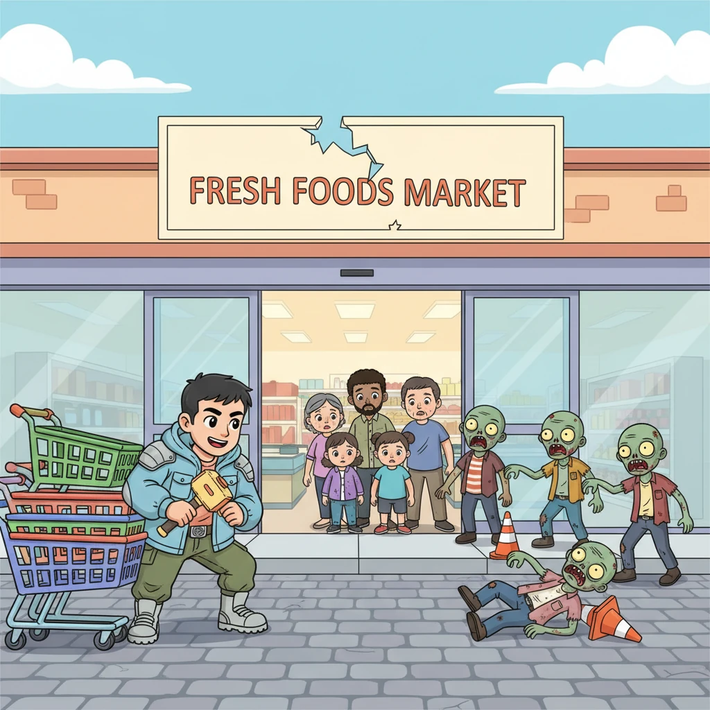 在一次物资搜寻中，林轩发现了一群幸存者被困在一家大型超市里。他们看起来疲惫而绝望，被超市门口游荡的几只丧尸吓得不敢出门。林轩躲在远处观察，心中已经开始构思一个大胆的救援计划。