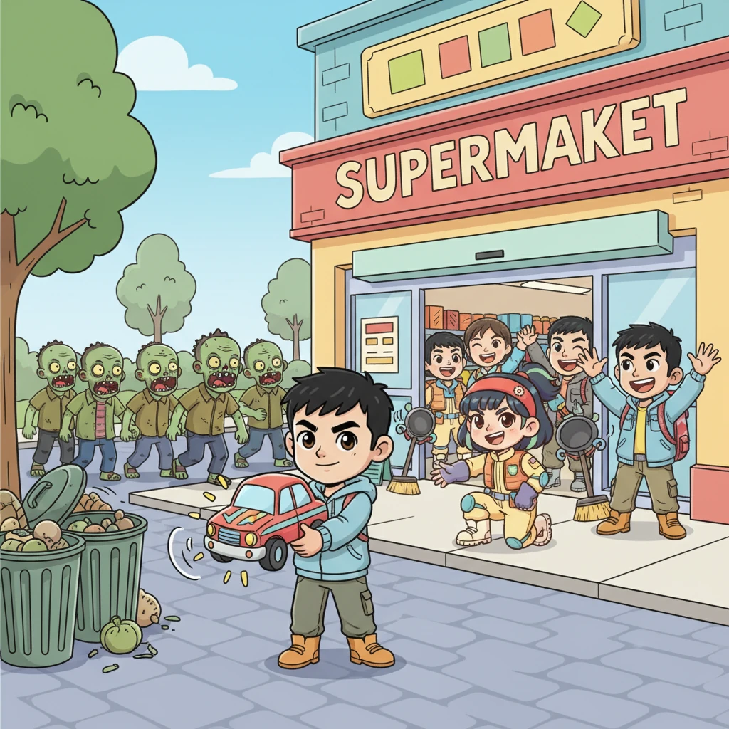 林轩悄悄接近超市，用一个巧妙的声东击西战术引开了大部分丧尸。他与被困的幸存者们里应外合，大家齐心协力，最终成功击退了剩余的丧尸。幸存者们欢呼雀跃，感激地看着这位勇敢的小英雄。