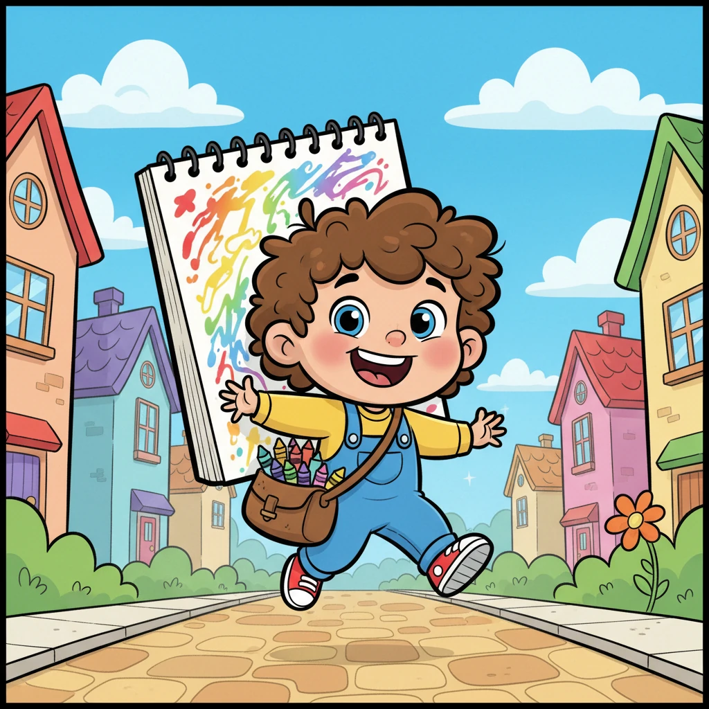 Pip, a tiny artist with a giant, rainbow-splashed sketchbook and a satchel overflowing with crayons, bounced down Sunny Street. A wide grin stretched across Pip's face, eyes sparkling with ideas, ready to capture the world's wonderful people on paper. Pip loved drawing more than anything, especially the unique expressions on everyone's faces.