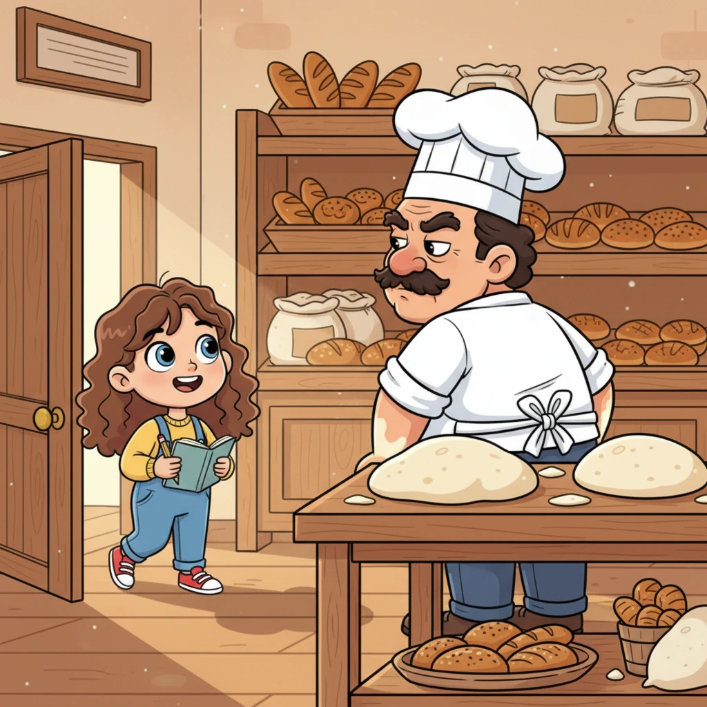 With a squeak of the bakery door, Pip tiptoed in, sketchbook open. "Excuse me, Mr. Barnaby, may I draw you?" Pip asked brightly. Barnaby grumbled, barely looking up, "Too busy, child, too busy for silly pictures! My dough needs me!"