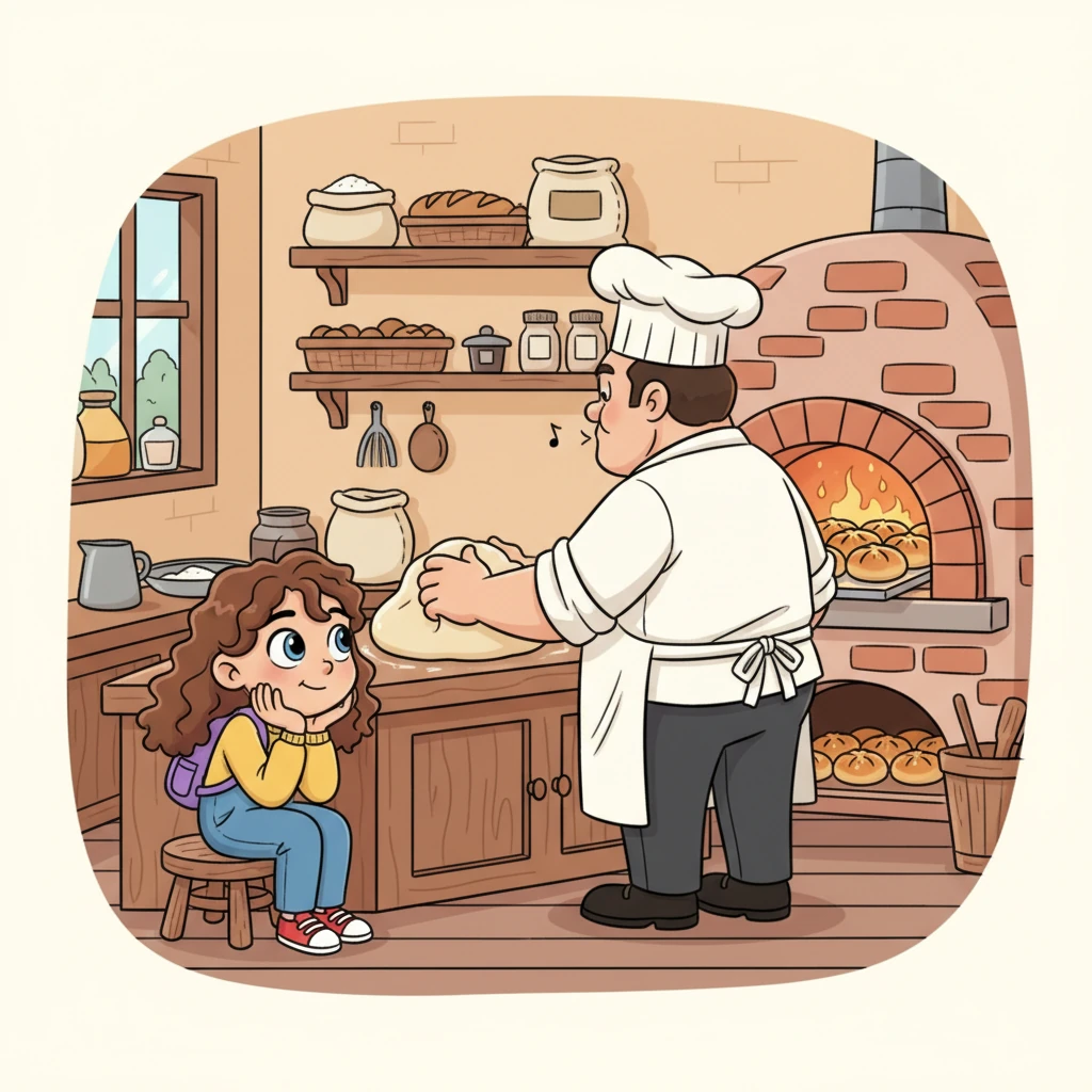 Pip didn't give up; instead, Pip found a quiet corner and watched. Pip noticed that even though Barnaby looked stern, his hands moved with such gentle care, almost dancing with the dough. And just for a moment, when a fresh, warm bun emerged from the oven, a tiny, happy hum escaped his lips.