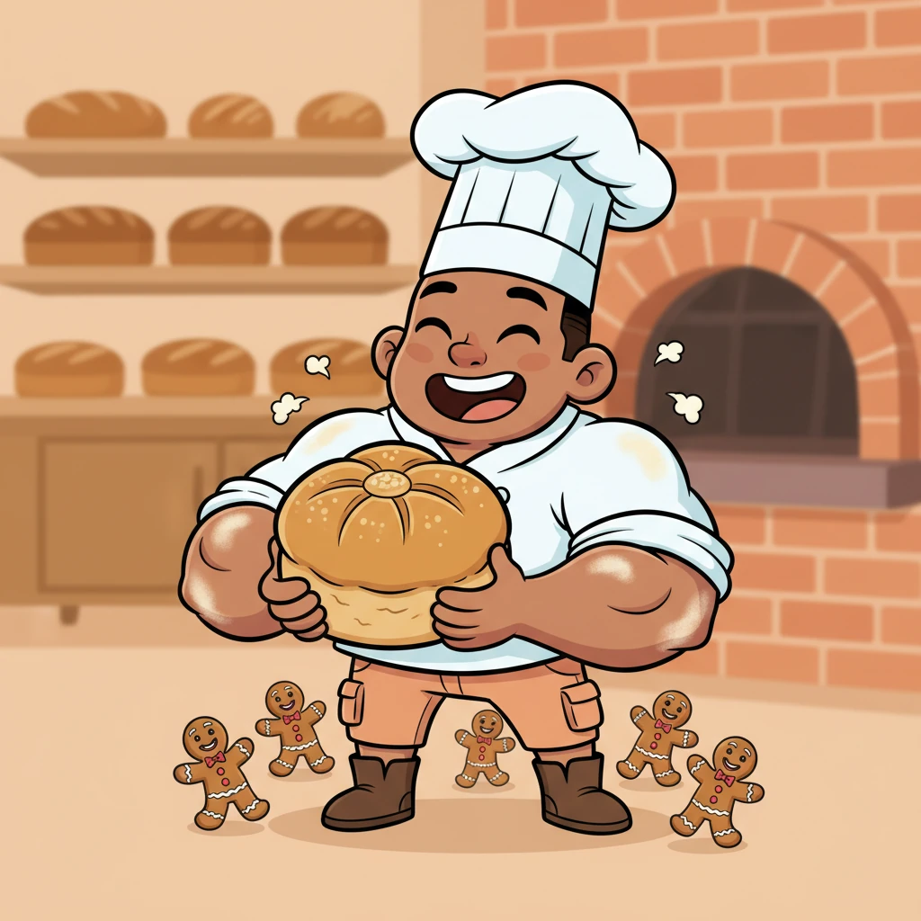 Pip quickly sketched, exaggerating Barnaby's strong, flour-dusted arms and giving him a huge, joyful smile as he held a giant, impossibly fluffy bun. The drawing showed not a grumpy baker, but a maestro of magnificent pastries. Pip added tiny, dancing gingerbread men around his feet.