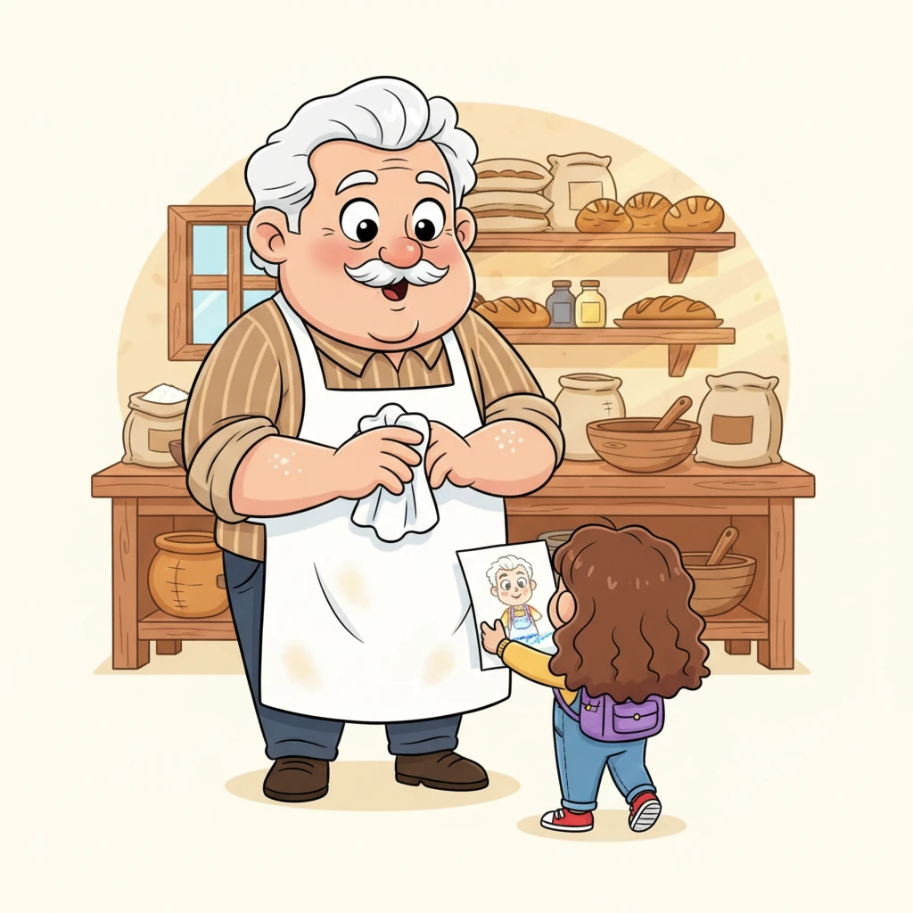 "Look, Mr. Barnaby!" Pip exclaimed, holding up the drawing. Barnaby paused, wiping flour from his hands, and peered at the paper. His eyes, usually narrowed in concentration, widened in surprise at the whimsical portrait.