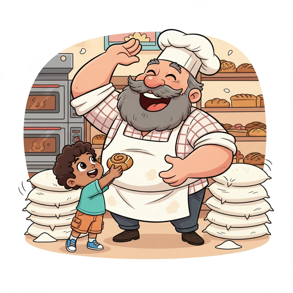 A slow smile spread across Barnaby's face, then a chuckle, and finally a booming laugh that made the flour bags jiggle. "Is that really me?" he boomed, a twinkle in his eye. "It's magnificent!" He handed Pip a warm, cinnamon-swirled bun, still giggling.