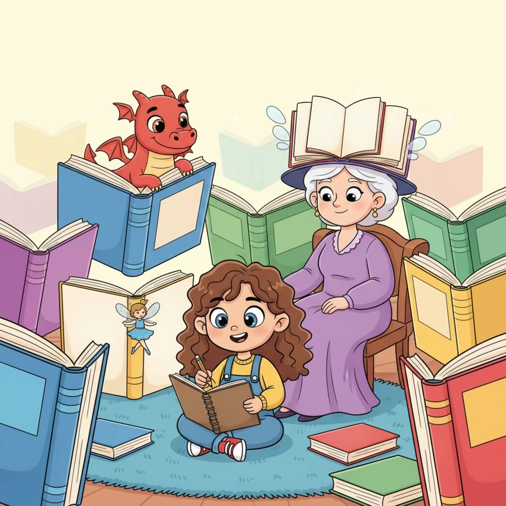 Pip sat down and began to draw Ms. Periwinkle, not just behind books, but surrounded by them, as if they were a magical forest. A friendly dragon peeked from one book, a tiny fairy danced on another, and Ms. Periwinkle herself had a whimsical hat made of open storybooks. She looked like a queen of tales.