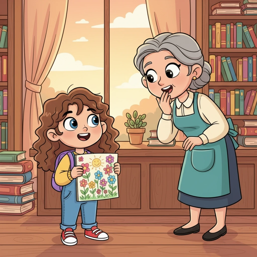 Pip gently presented the drawing to Ms. Periwinkle. Her eyes lit up, and a soft gasp escaped her lips. She wasn't just surprised; she looked truly delighted, emerging from behind the counter to share a hushed, enchanting story with Pip. Pip realized that art could unlock joy and connect hearts, one colorful picture at a time.