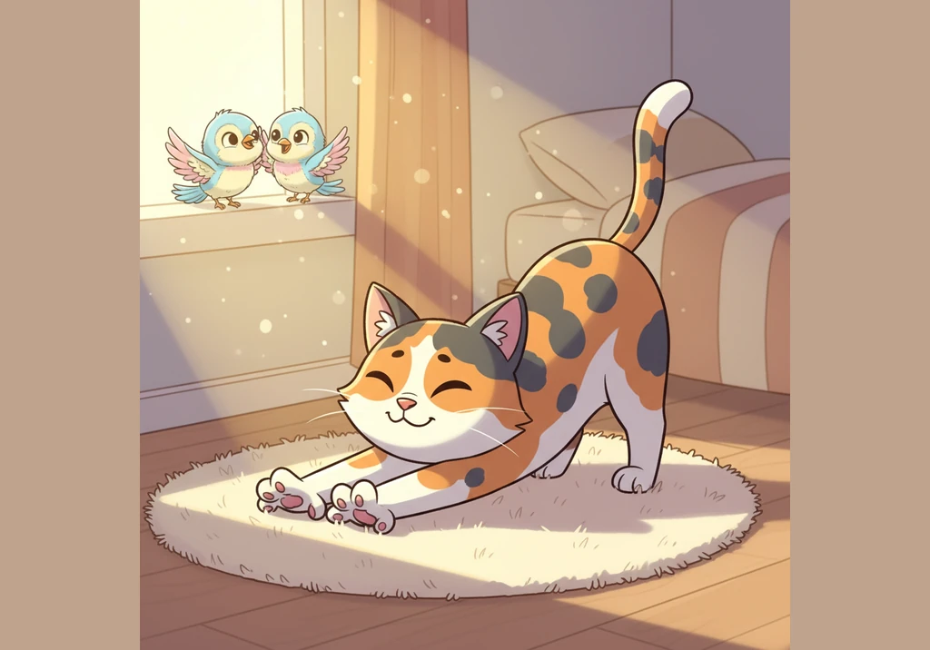 Macy the calico cat wakes up in a soft, golden sunbeam, her orange, black, and white fur glowing as she begins her day with a long, elegant stretch.
