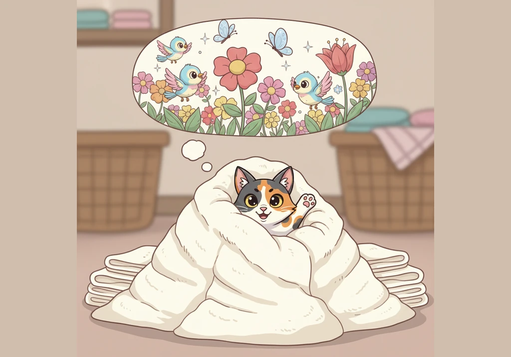 She discovers a mountain of freshly washed, fluffy white towels and snuggles deep inside, dreaming of chasing silver butterflies through a field of fl