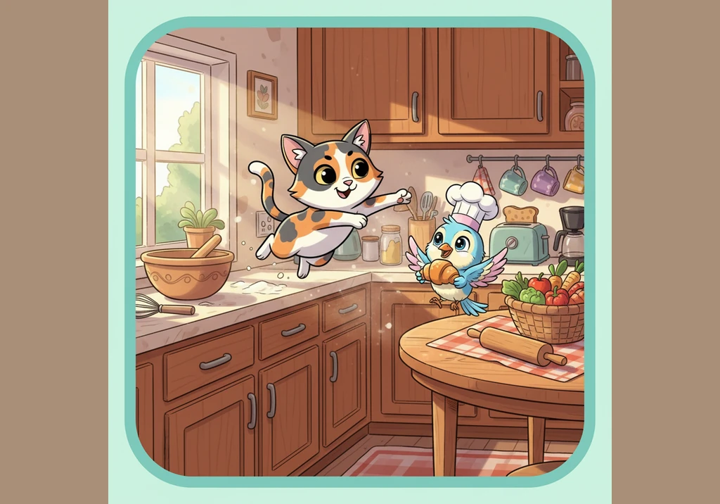 Sitting on the tiled kitchen floor, Macy happily munches on crunchy treats while her long tail swishes back and forth with pure feline joy.