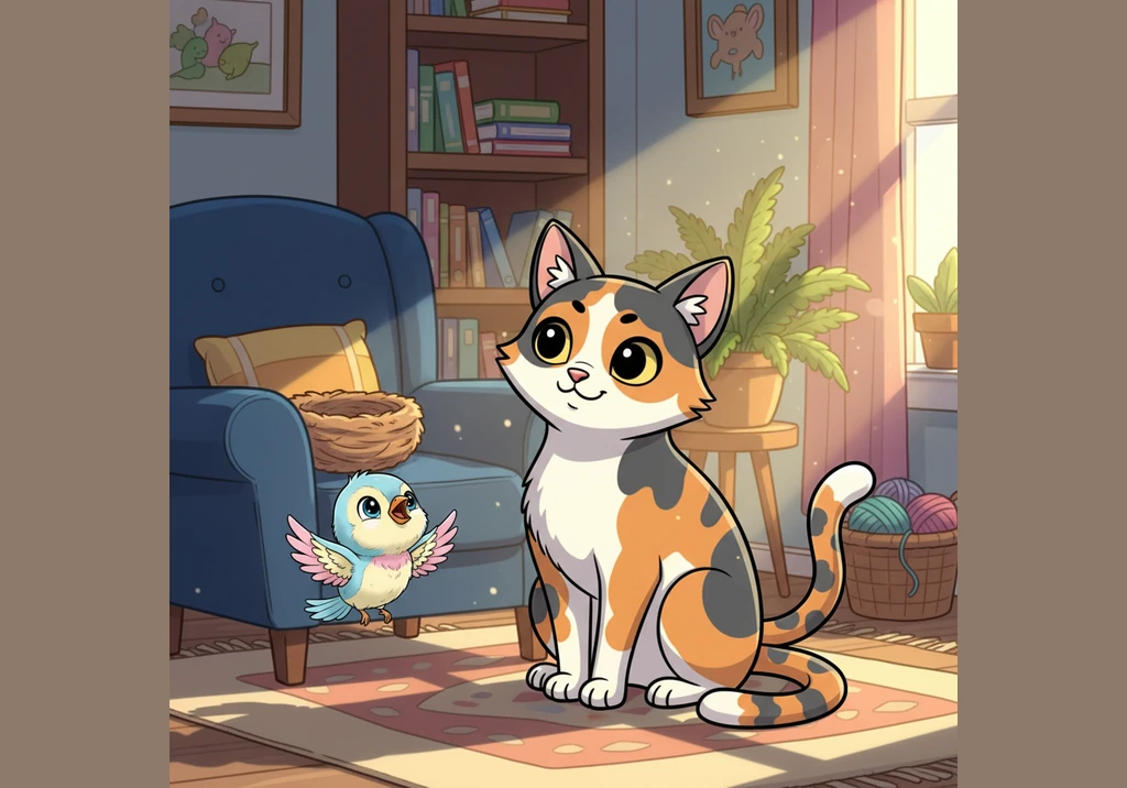 Macy leaps high into the air to catch a colorful feather toy, twisting like a tiny, furry acrobat in the middle of the sunlit living room.