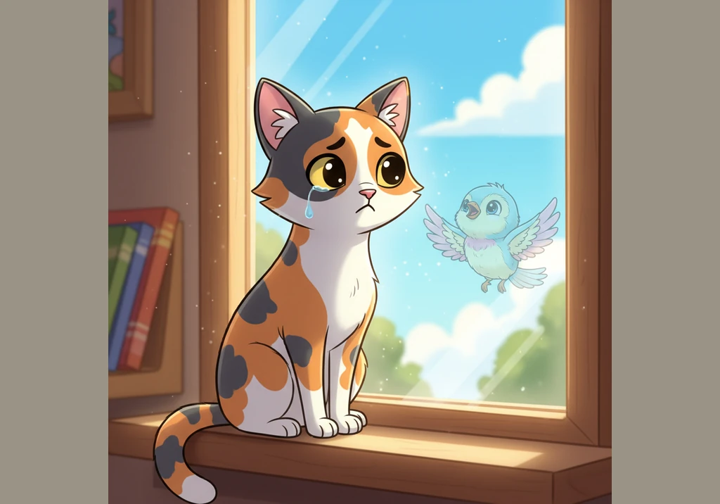 Perched high on the windowsill, Macy gazes out at the garden, watching a group of bright bluebirds splash and play in a stone birdbath.