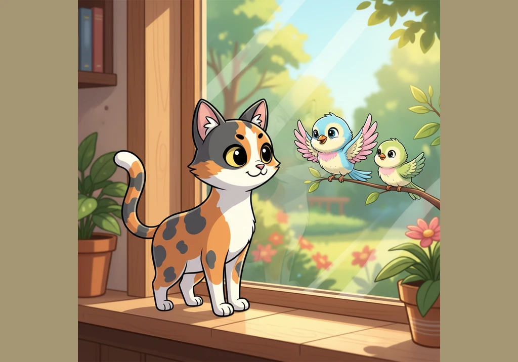 Macy makes funny little chirping and cackling sounds at the birds through the glass, her eyes wide and focused on the fluttering wings outside.