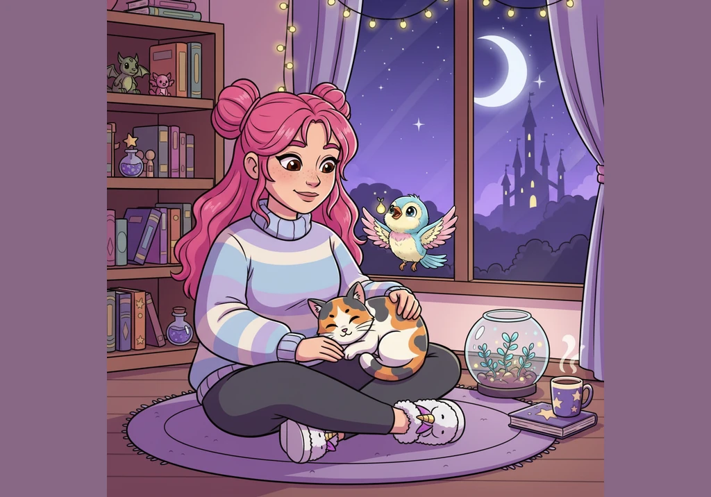 As the evening sky turns a deep, dreamy purple, Macy lets out a giant yawn and stretches her weary paws one last time on the soft rug.