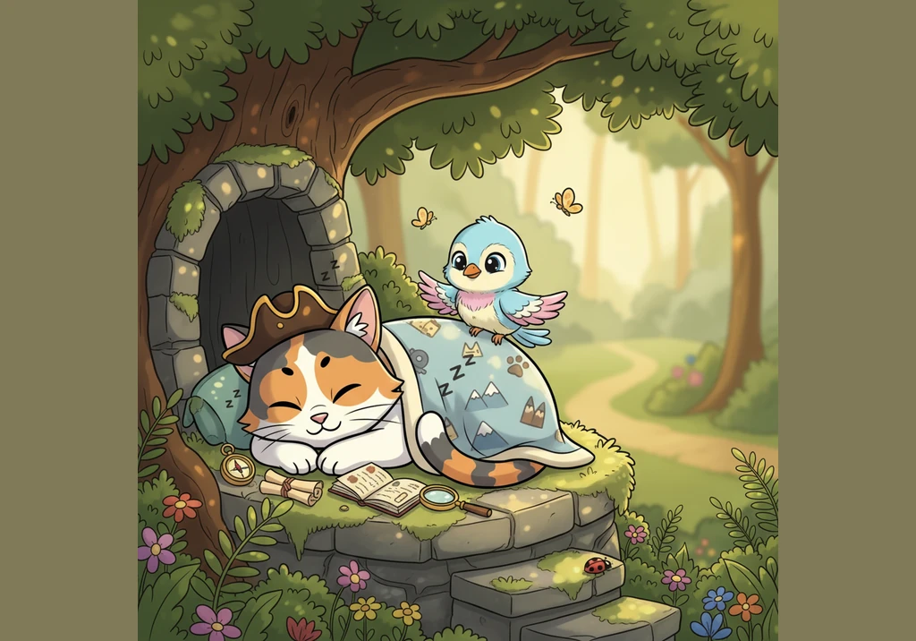 Tucked away in her favorite cozy spot, the little calico adventurer falls into a peaceful sleep under the starlight, dreaming of tomorrow's new wonder