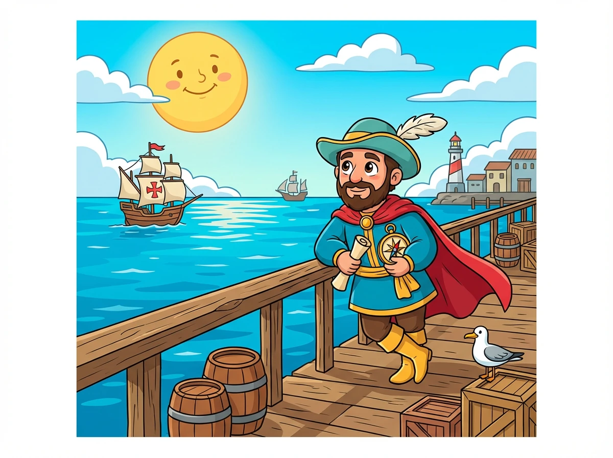 Cristóbal, un navegante soñador, observa el vasto océano desde el puerto. Sueña con encontrar una nueva ruta hacia las Indias, llena de especias y riquezas.