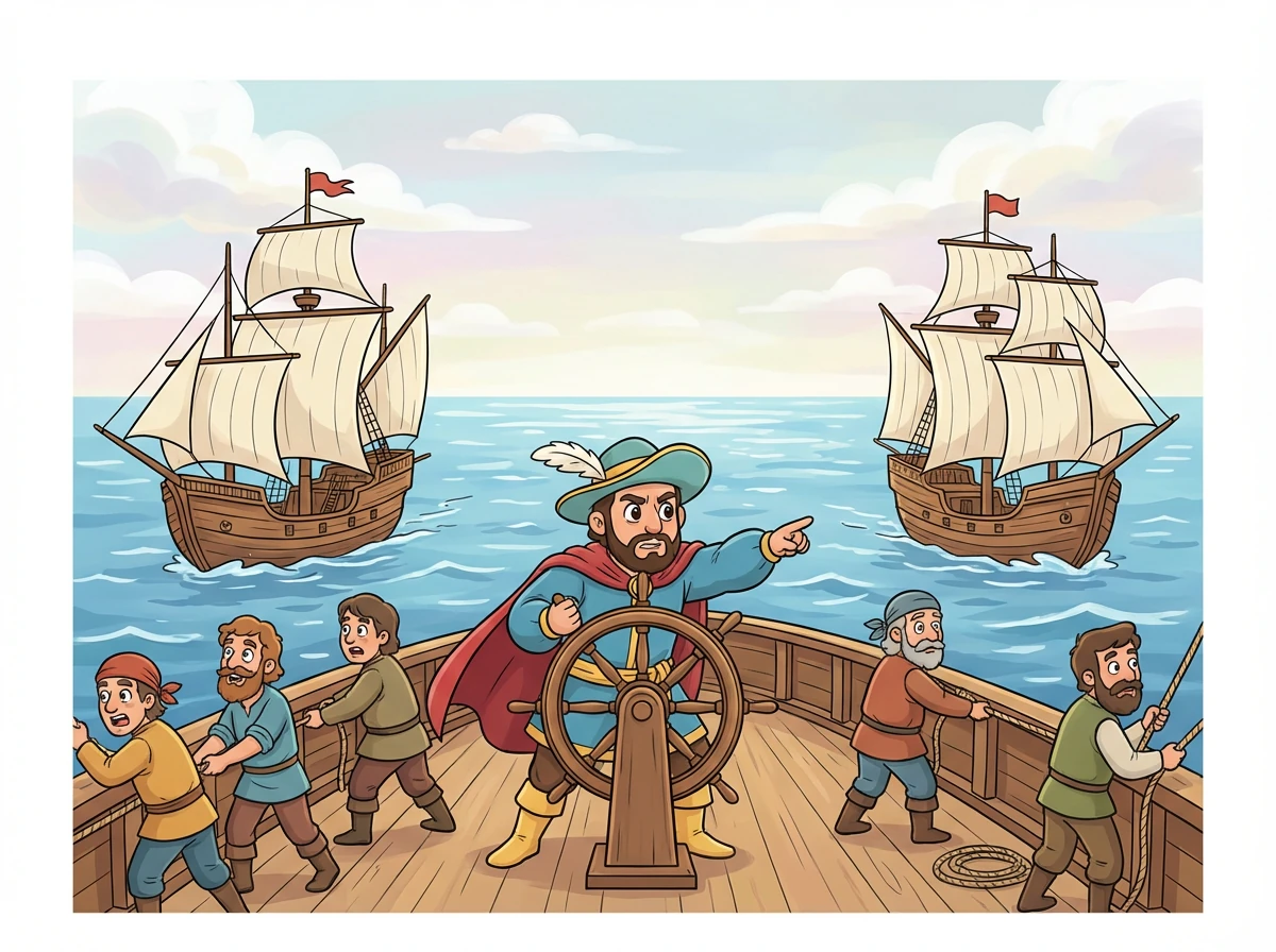 Con tres carabelas, la Niña, la Pinta y la Santa María, Cristóbal y su tripulación zarpan hacia lo desconocido. El viaje es largo y lleno de incertidumbre.