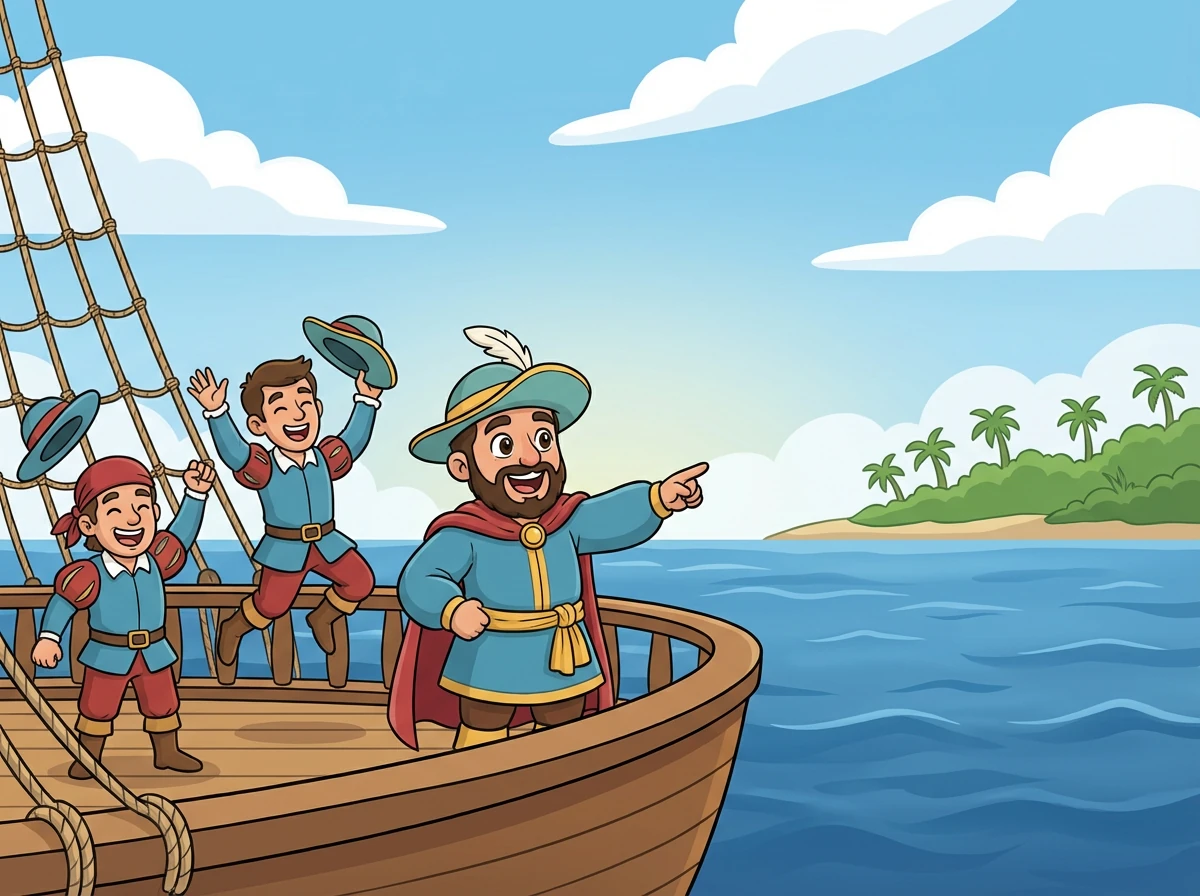 Después de semanas en el mar, un marinero grita: '¡Tierra a la vista!'. La emoción llena los corazones de todos a bordo.