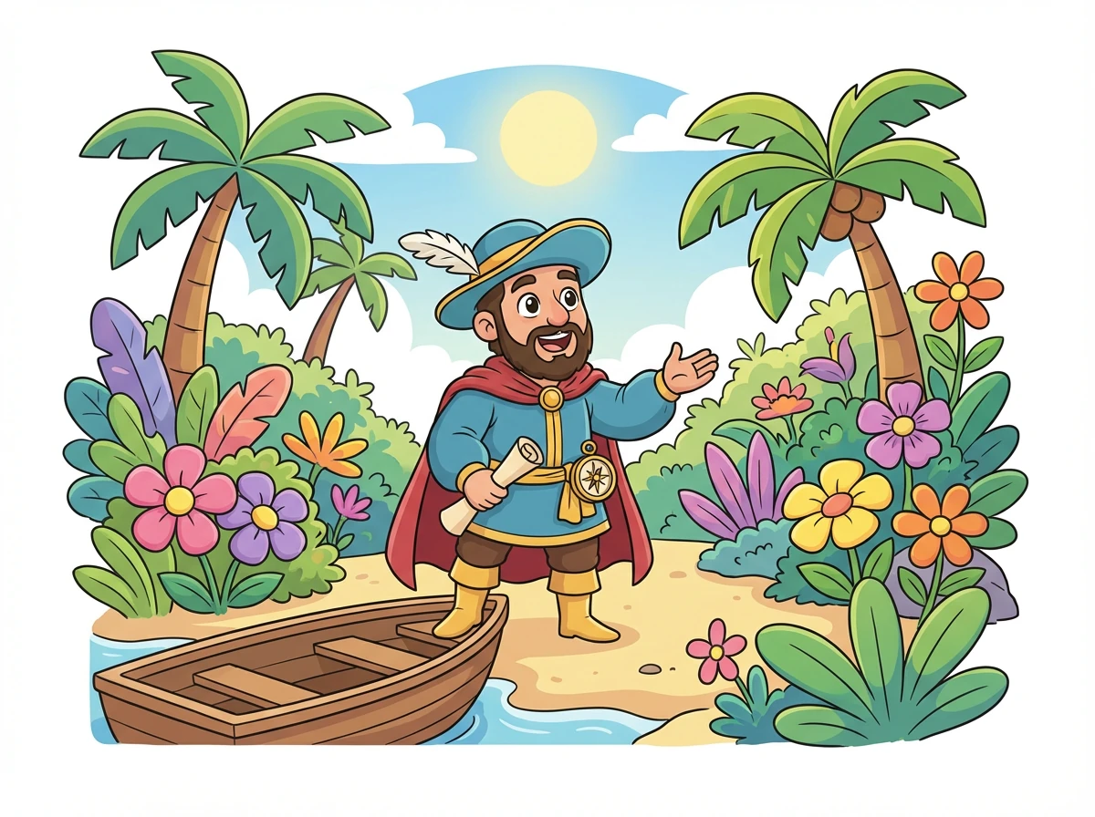 Cristóbal desembarca en una isla exuberante, a la que llama San Salvador. Está maravillado por la belleza del lugar y la vegetación desconocida.