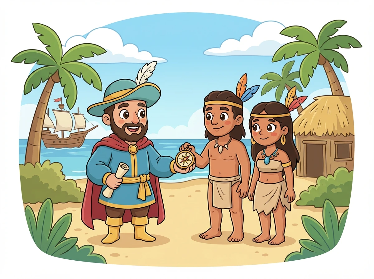 Cristóbal y su tripulación se encuentran con los Taínos, los habitantes de la isla. Los Taínos los reciben con curiosidad y amabilidad.