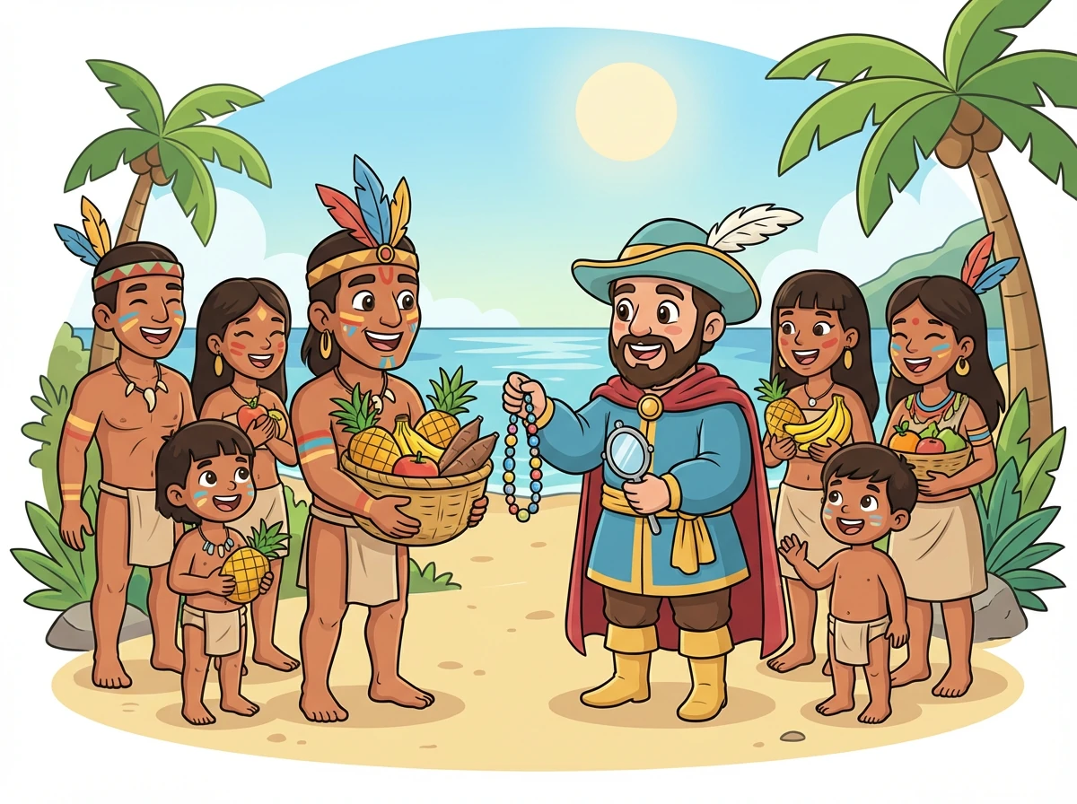 Cristóbal intercambia regalos con los Taínos, mostrando respeto y buscando establecer una relación pacífica. Les ofrece objetos de Europa a cambio de frutas y otros productos.