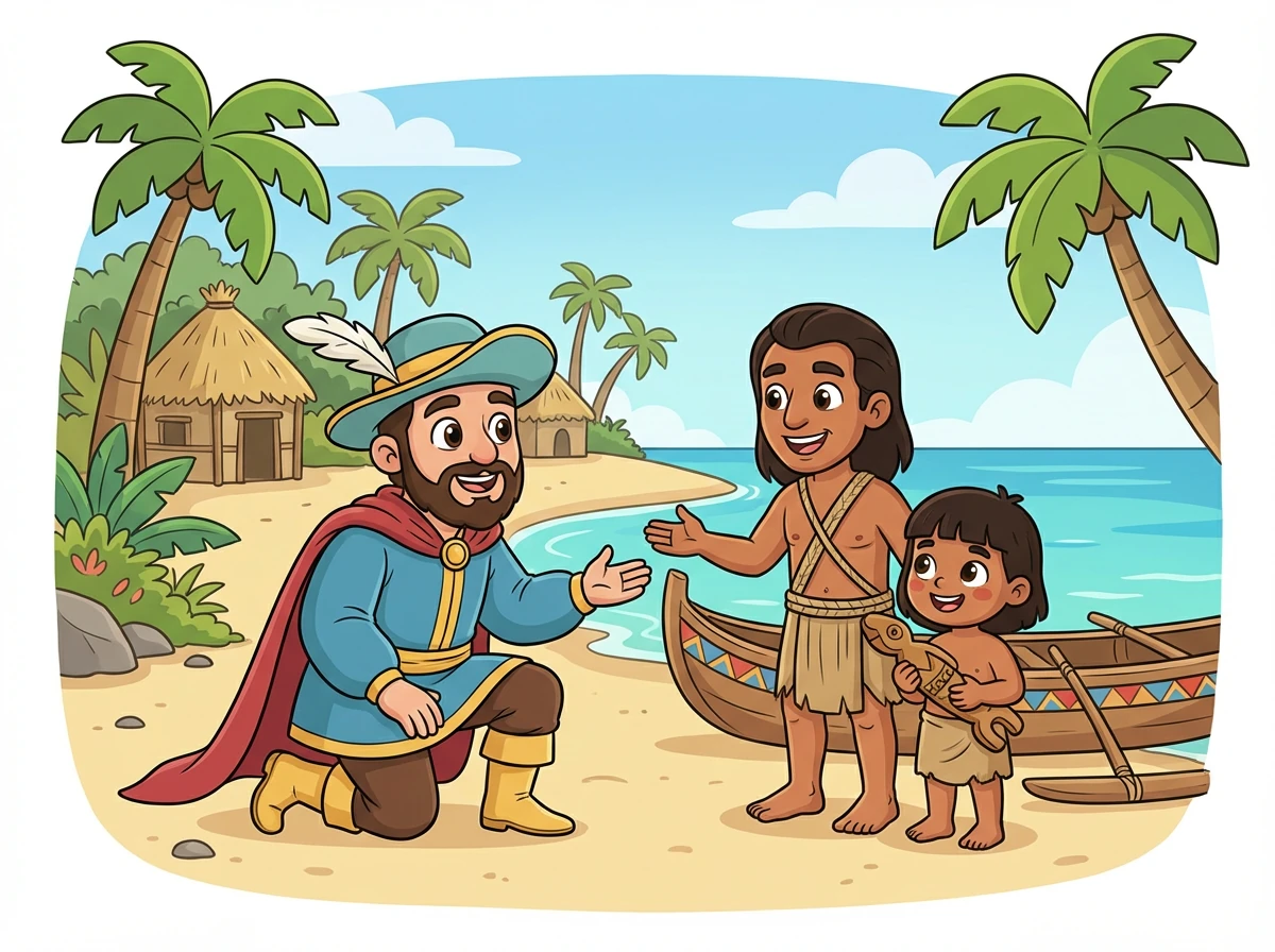 Cristóbal explora otras islas del Caribe, encontrándose con diferentes pueblos indígenas. Cada encuentro es una oportunidad para aprender y comprender.