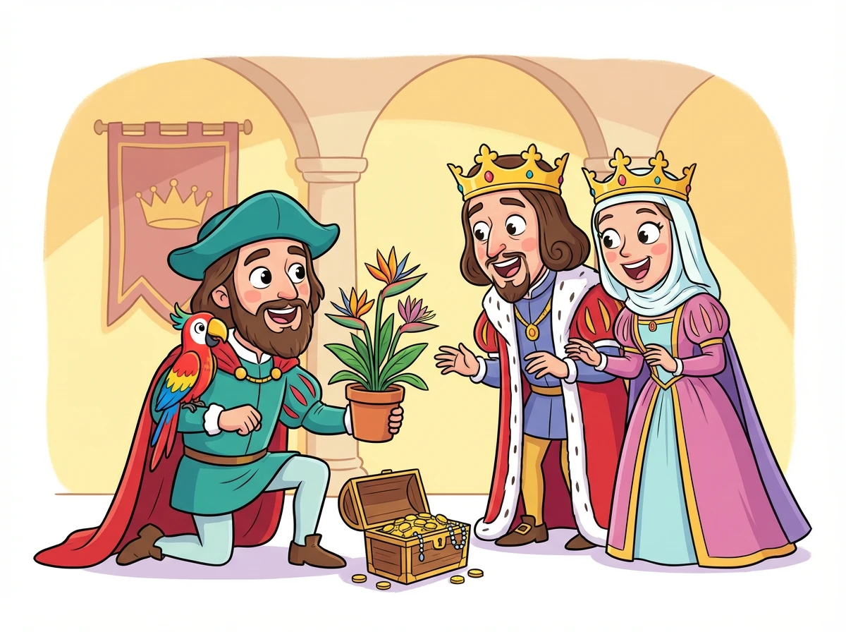 Cristóbal regresa a España para contar su asombrosa historia. Lleva consigo plantas, animales y objetos para mostrar a los reyes.