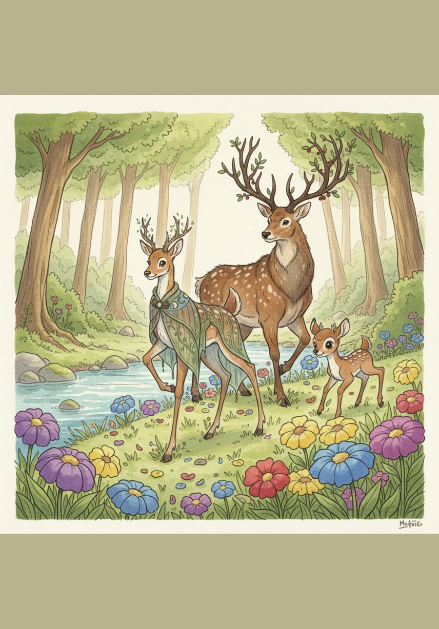 Willow was not alone in her beautiful home; she had many friends like Bramble, a strong buck, and little Pip, a playful fawn. They spent their days leaping over colorful wildflowers and sipping cool water from the crystal-clear river. The forest was a place of endless joy and discovery for the little herd as they explored every hidden corner.