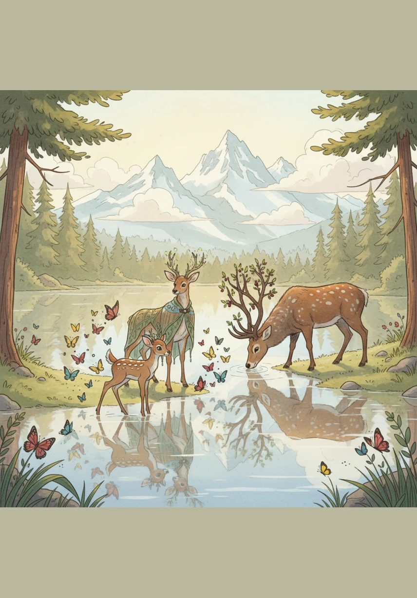 One afternoon, the deer decided to visit the Hidden Lake, a magical spot tucked away behind the whispering pines. The water was so still it looked like a giant mirror reflecting the fluffy white clouds and the snowy mountain peaks above. Butterflies danced around them in a swirl of color as they enjoyed the peaceful afternoon sun.