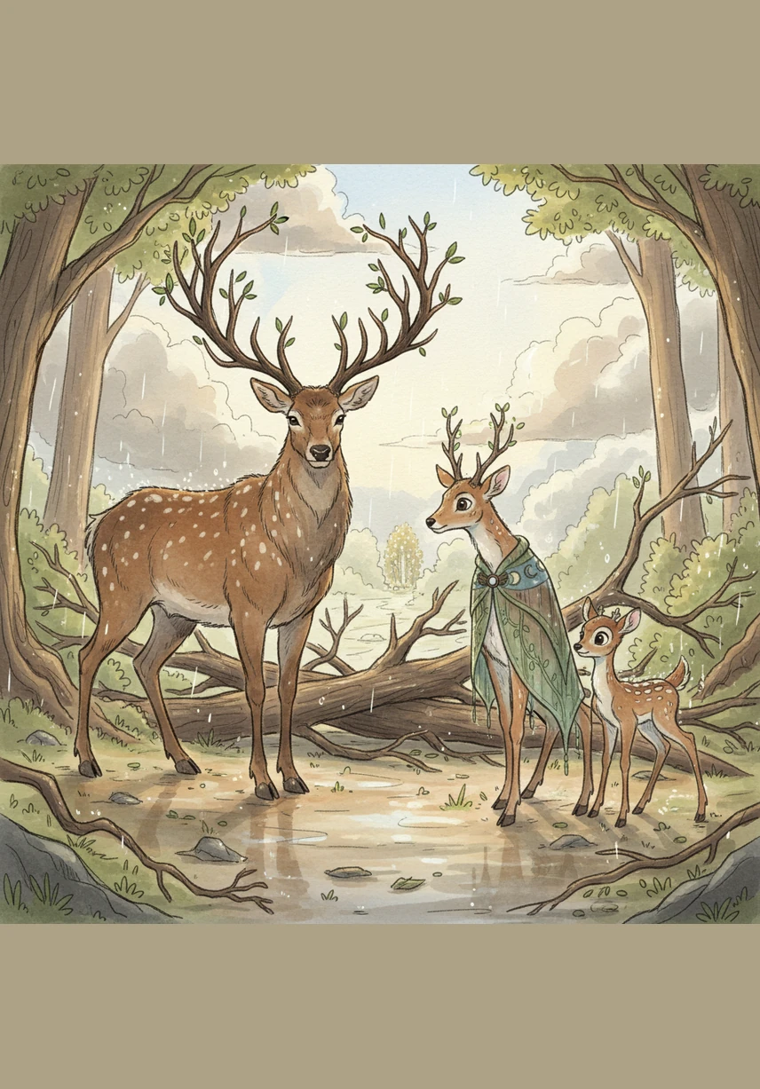 Suddenly, the sky turned a soft grey, and a gentle rain began to fall upon the thirsty leaves. While the rain was refreshing, a strong wind blew through the valley, knocking over old branches and blocking the main path. When the sun came out again, the deer found their way to the Sparkling Spring was completely blocked by fallen wood.