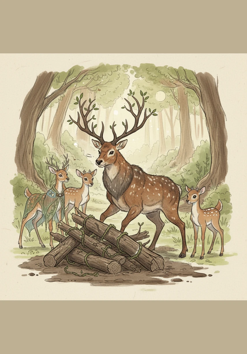 Bramble tried to push the heavy logs with his antlers, but they wouldn't budge an inch against the muddy ground. It is too much for one deer, he sighed, looking down at the tangled mess of wood and vines that stood in their way. The herd felt a little sad because the Sparkling Spring was where they went for their favorite evening drink.